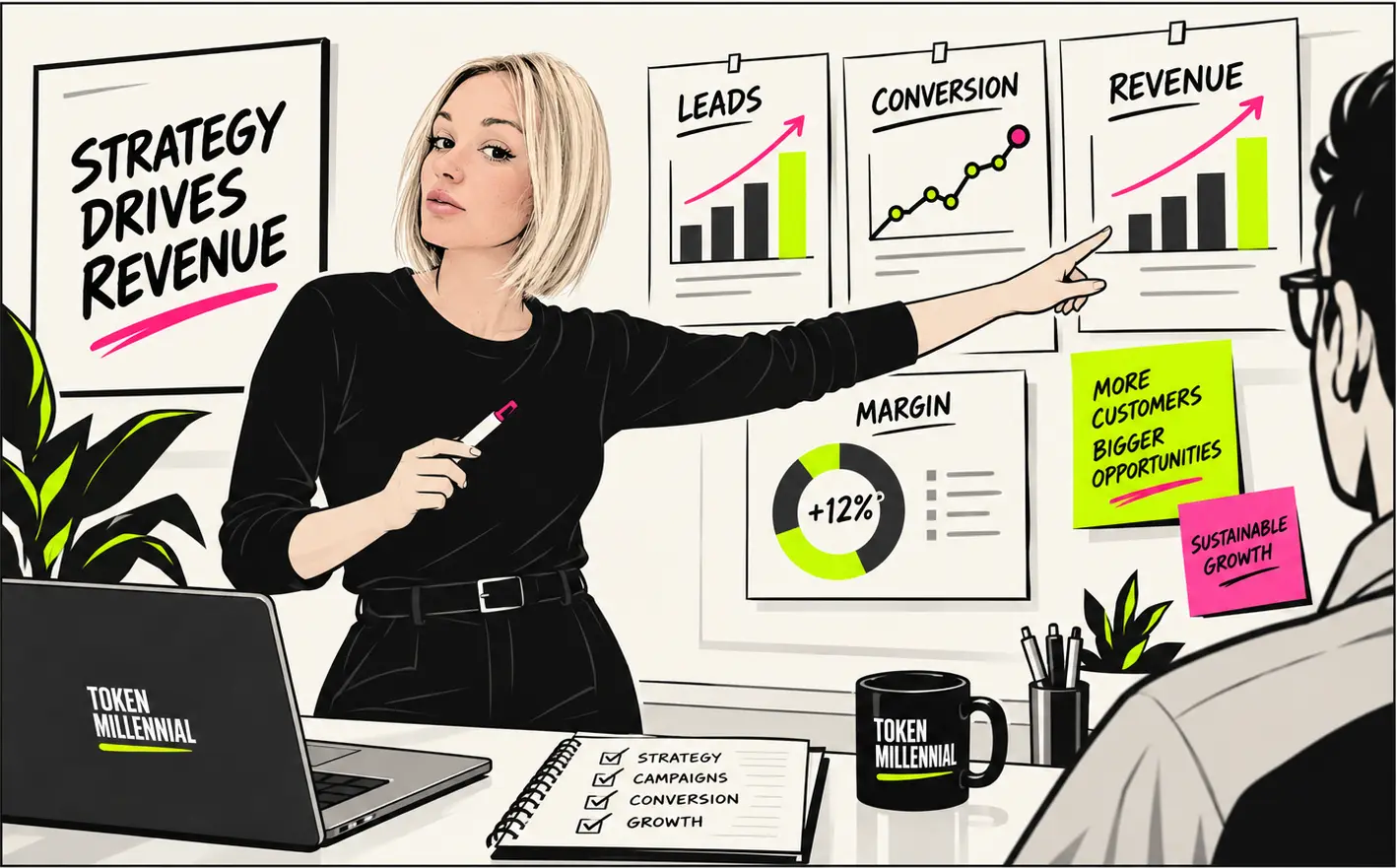 Illustration of a strategist pointing at leads, conversion and revenue charts beneath a STRATEGY DRIVES REVENUE board, with margin up 12 percent