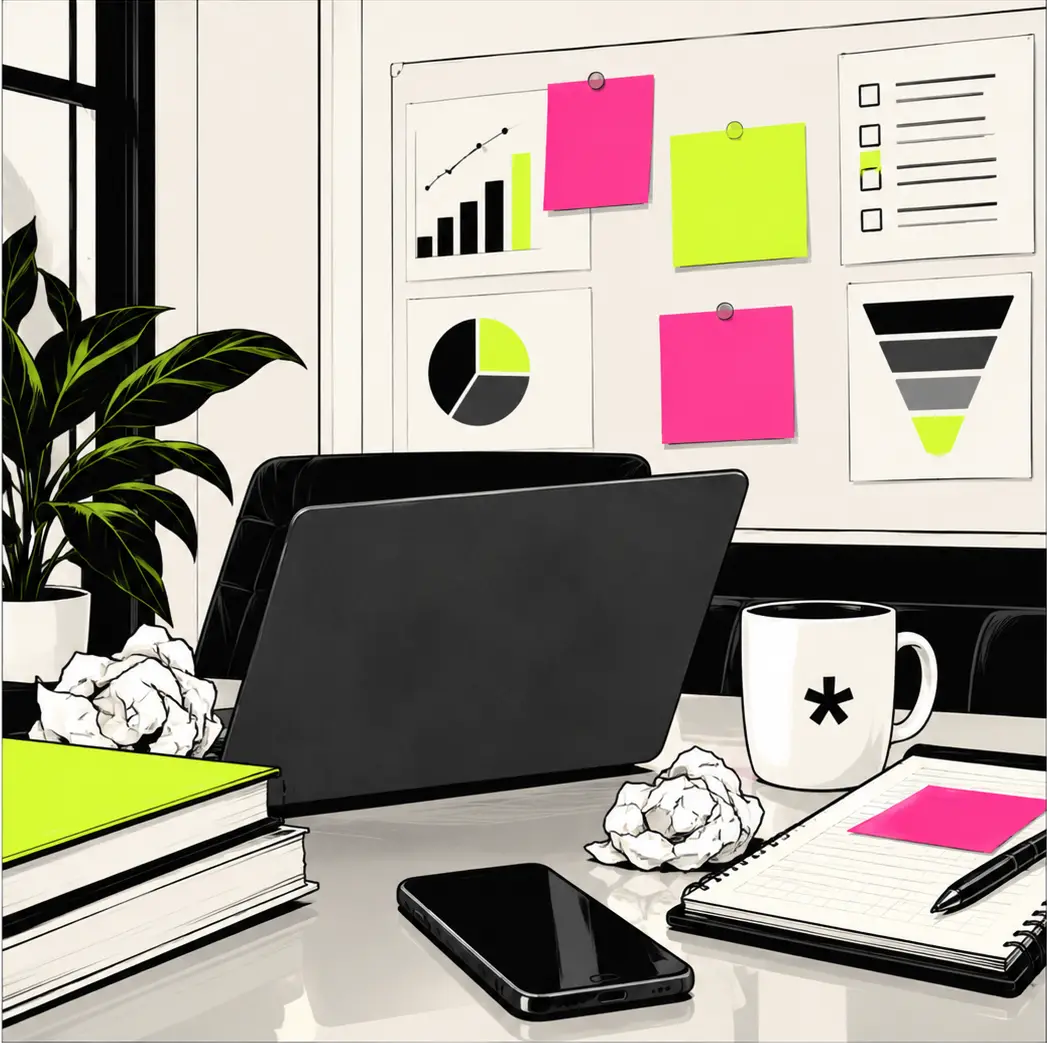 Illustration of an unattended desk, laptop closed and notes crumpled, in front of a board of charts and sticky notes nobody is acting on