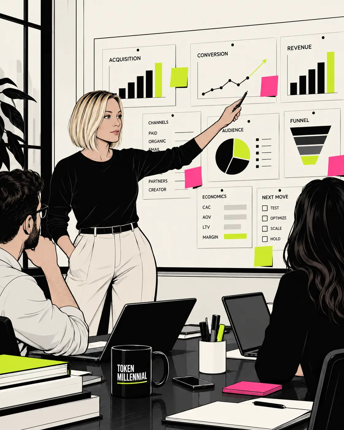 Illustration of a strategist at a whiteboard walking a team through acquisition, conversion and revenue charts alongside channel, audience and funnel panels