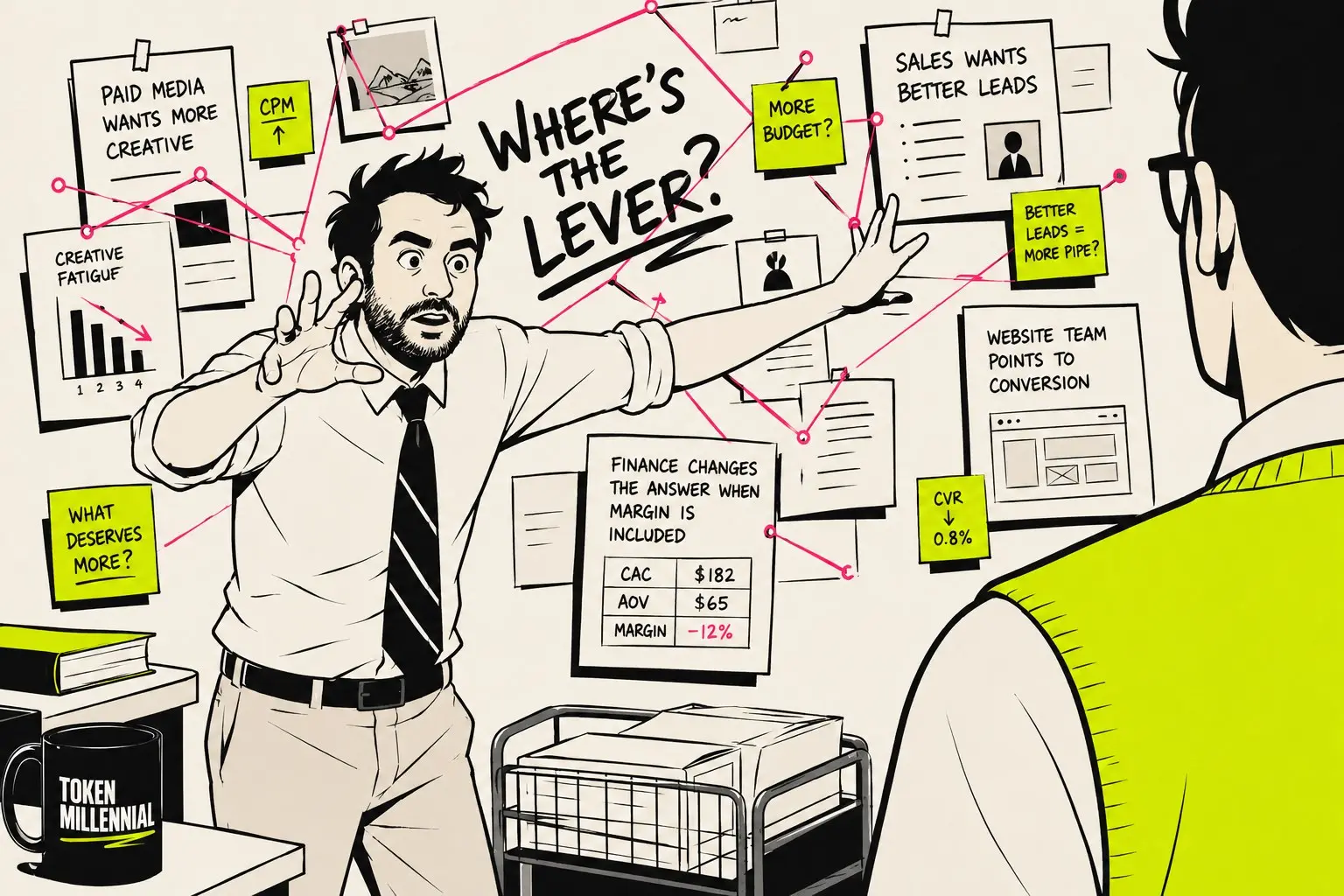 Illustration of a strategist gesturing at a wall of conflicting priorities, paid media, sales, website, and finance each pointing to a different lever, asking where the actual lever is