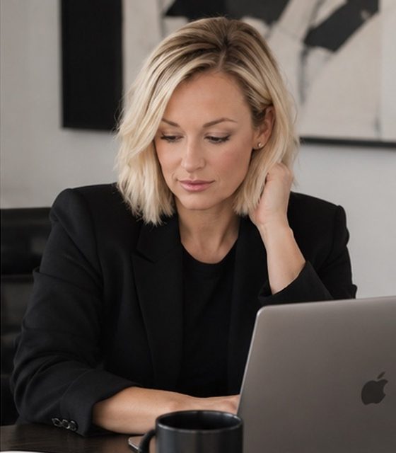 Rachael Leigh, founder of Token Millennial, working at a laptop in a black blazer with a coffee mug beside her.