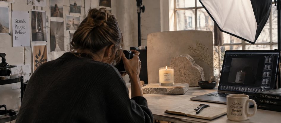 A photographer shooting a candle on a stone plinth in a daylit studio, next to a laptop showing the frames.