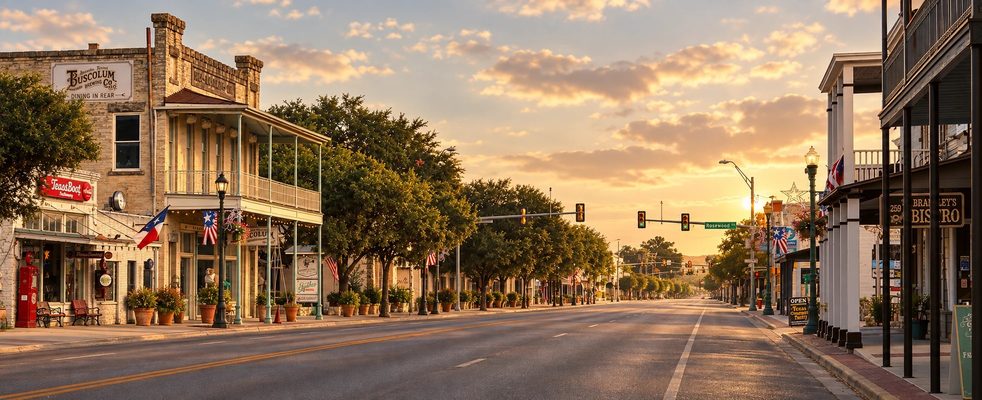 Main Street in Boerne, Texas at sunrise, with limestone storefronts, oak trees and flags along the sidewalk.