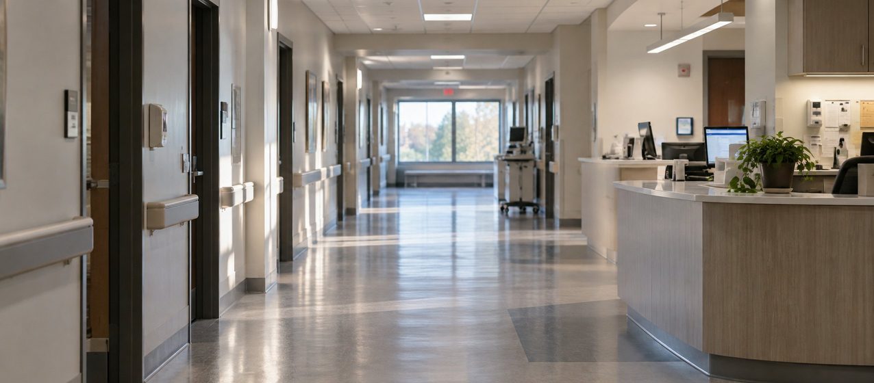 A bright hospital corridor leading to a reception desk with a plant on the counter.