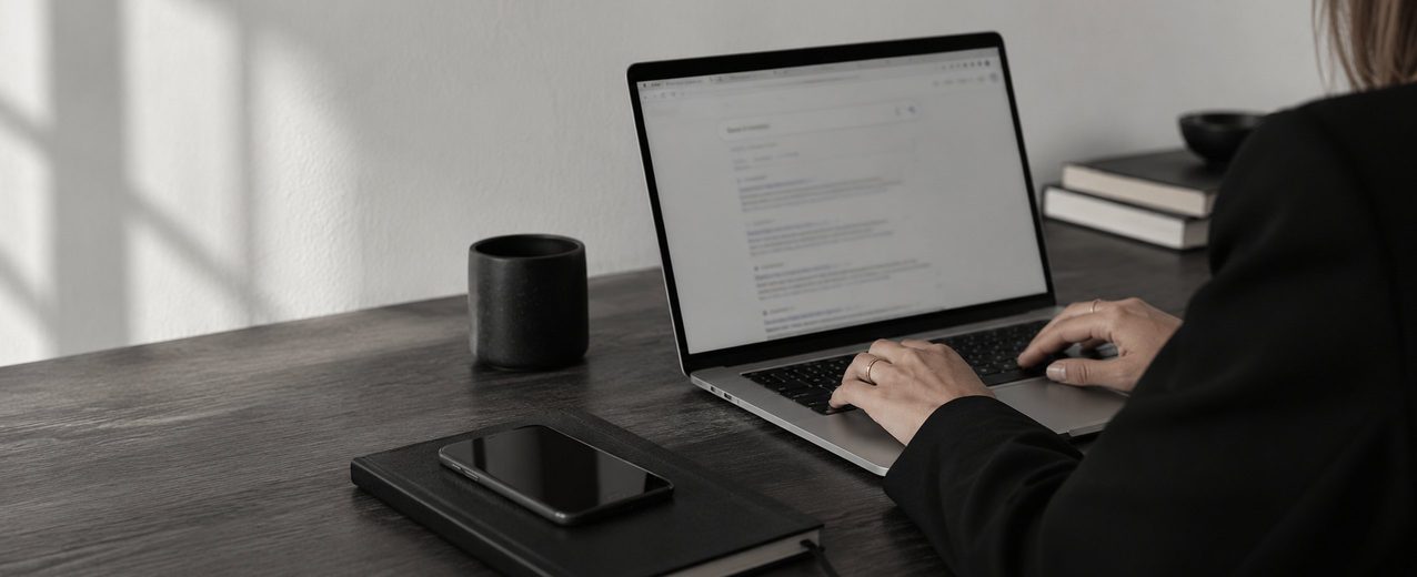 A person in a black blazer typing on a laptop at a dark desk in a sunlit office.