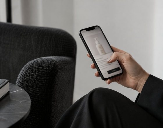 A hand holding a phone showing a product page while seated in a dark armchair.