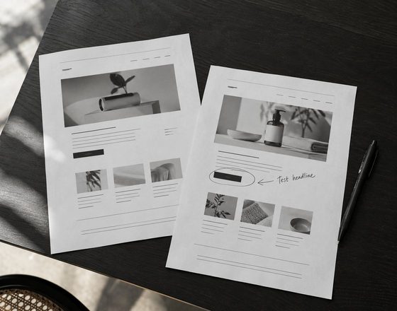 Two printed landing page mockups on white paper with handwritten notes, on a dark desk.