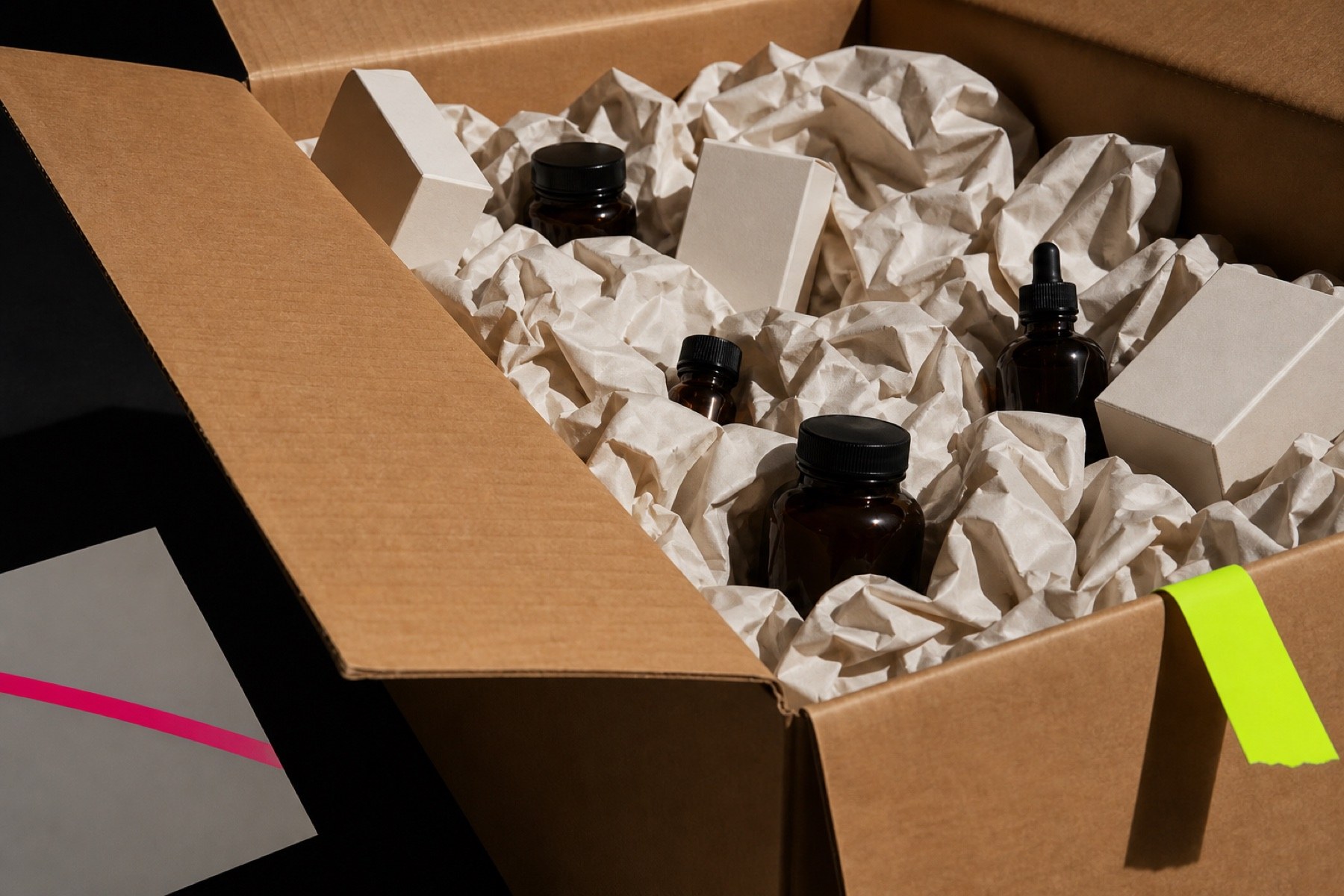 Anonymized wellness order inside an oversized shipping box