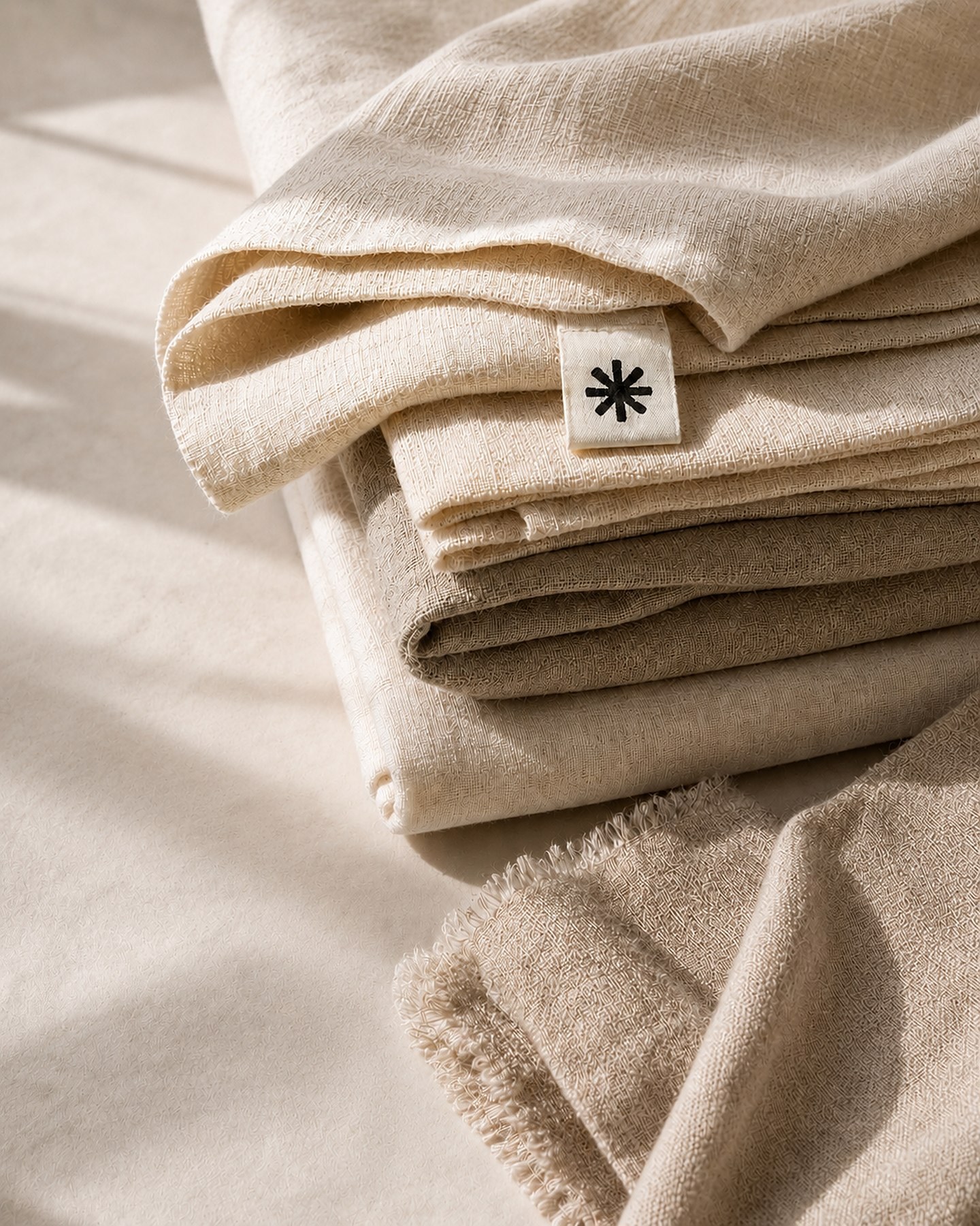 Folded natural linen textiles with a small asterisk care label in warm window light