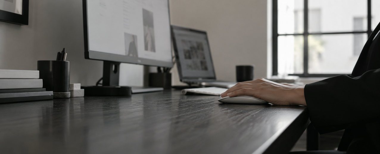 A person working at a desktop monitor in a sunlit office with tall windows.