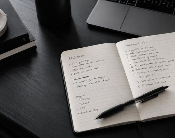 An open notebook with handwritten ad copy notes and a pen, on a dark desk beside a laptop.