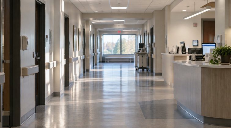 A bright hospital corridor leading to a reception desk with a plant on the counter.