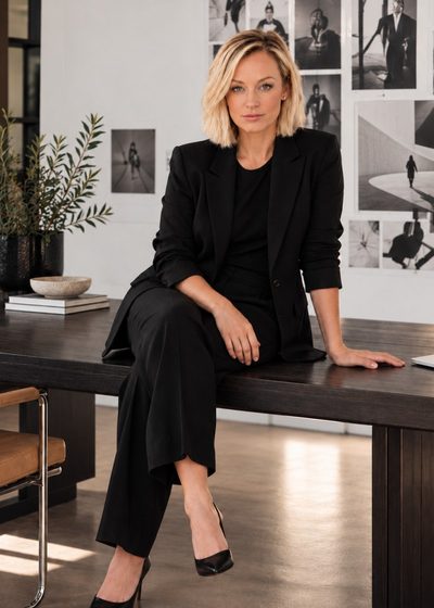 Rachael Leigh, founder of Token Millennial, seated on a dark desk in a black suit in front of a wall of framed photographs.