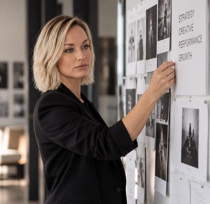 Rachael Leigh, founder of Token Millennial, pinning creative and performance notes to a wall of printed ads.