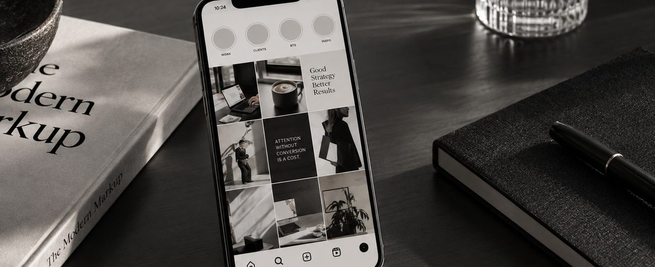 A phone on a dark desk showing a social media profile, beside a notebook, a pen, and a book.