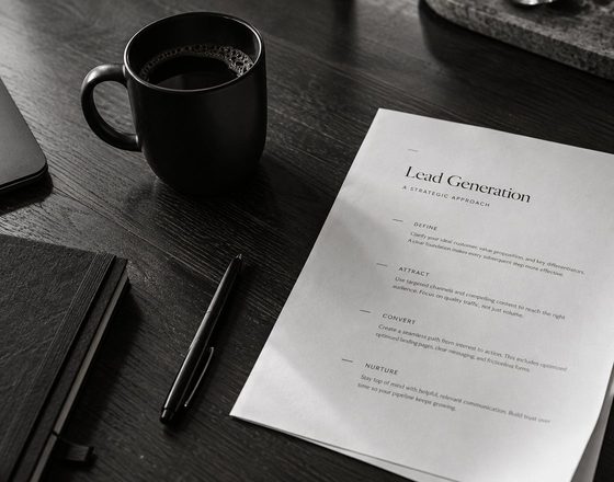 A printed lead generation offer document on a dark desk beside a coffee mug and a pen.