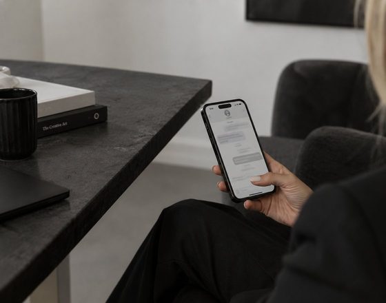 A person holding a phone showing a message thread while seated at a dark desk.