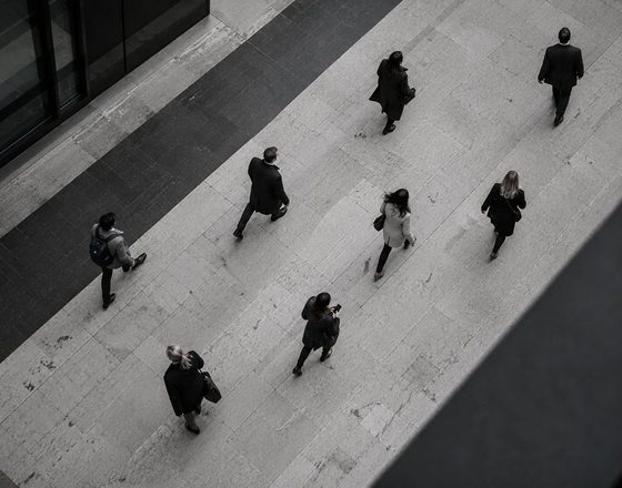An overhead view of people in dark clothing walking across a pale plaza.