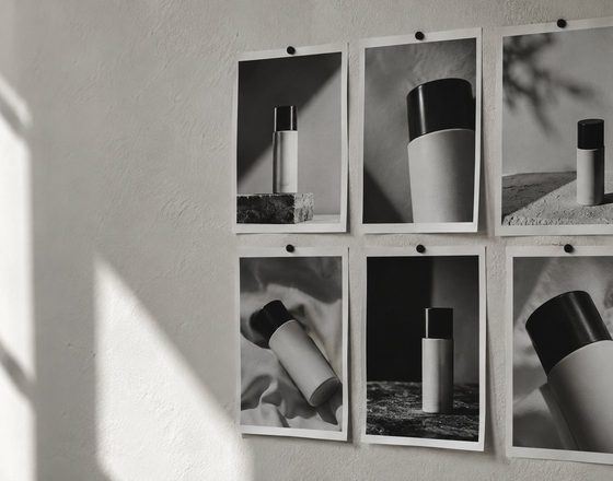 A grid of black and white product photographs pinned to a sunlit wall.
