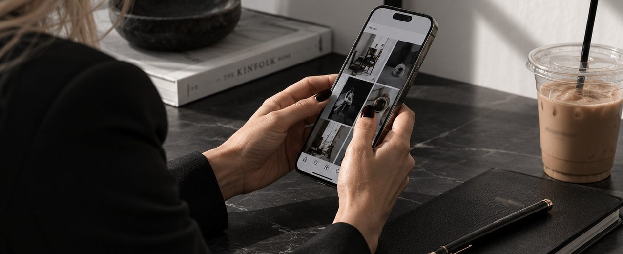 Hands holding a phone with a grid of ad creatives over a dark desk with a notebook and an iced coffee.