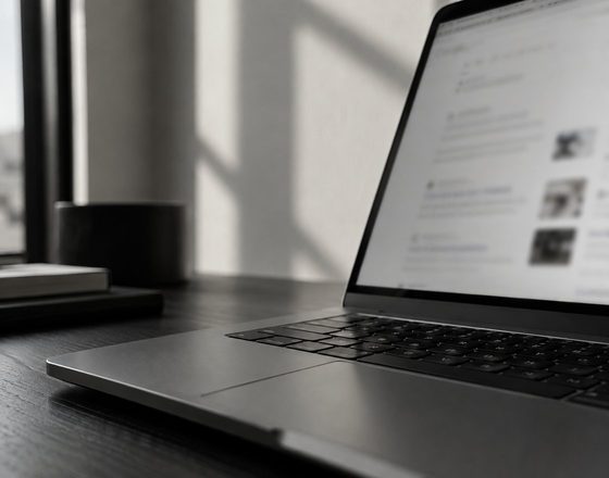 An open laptop showing a page of search results on a dark desk in a sunlit office.