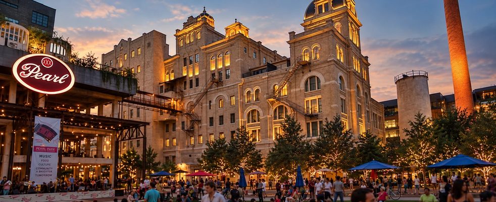 A tree-lined walkway at the Pearl in San Antonio, with limestone buildings and people walking.