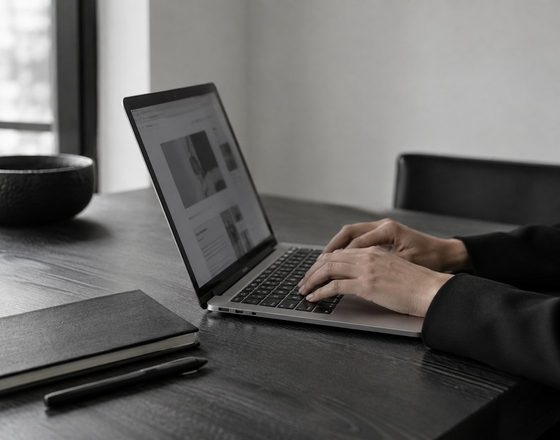 A person typing on a laptop that shows a landing page layout, on a dark desk by a window.