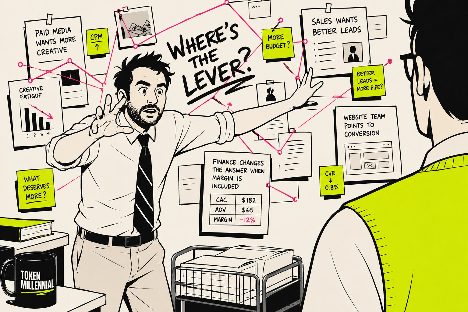 Illustration of a strategist gesturing at a wall of conflicting priorities, paid media, sales, website, and finance each pointing to a different lever, asking where the actual lever is