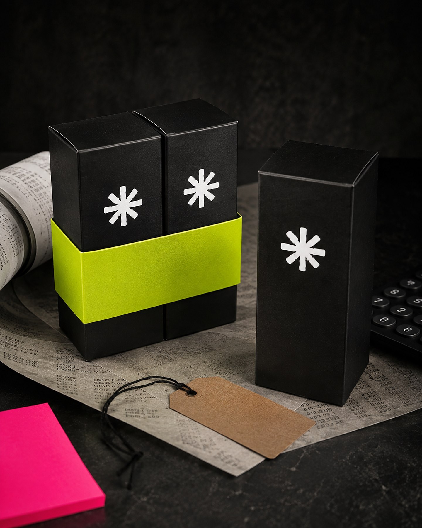 Two black product boxes bundled with a lime band beside a single box, blank price tag, and receipt paper